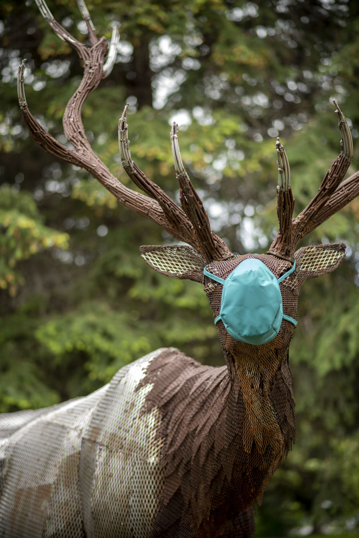 Masked elk sculpture